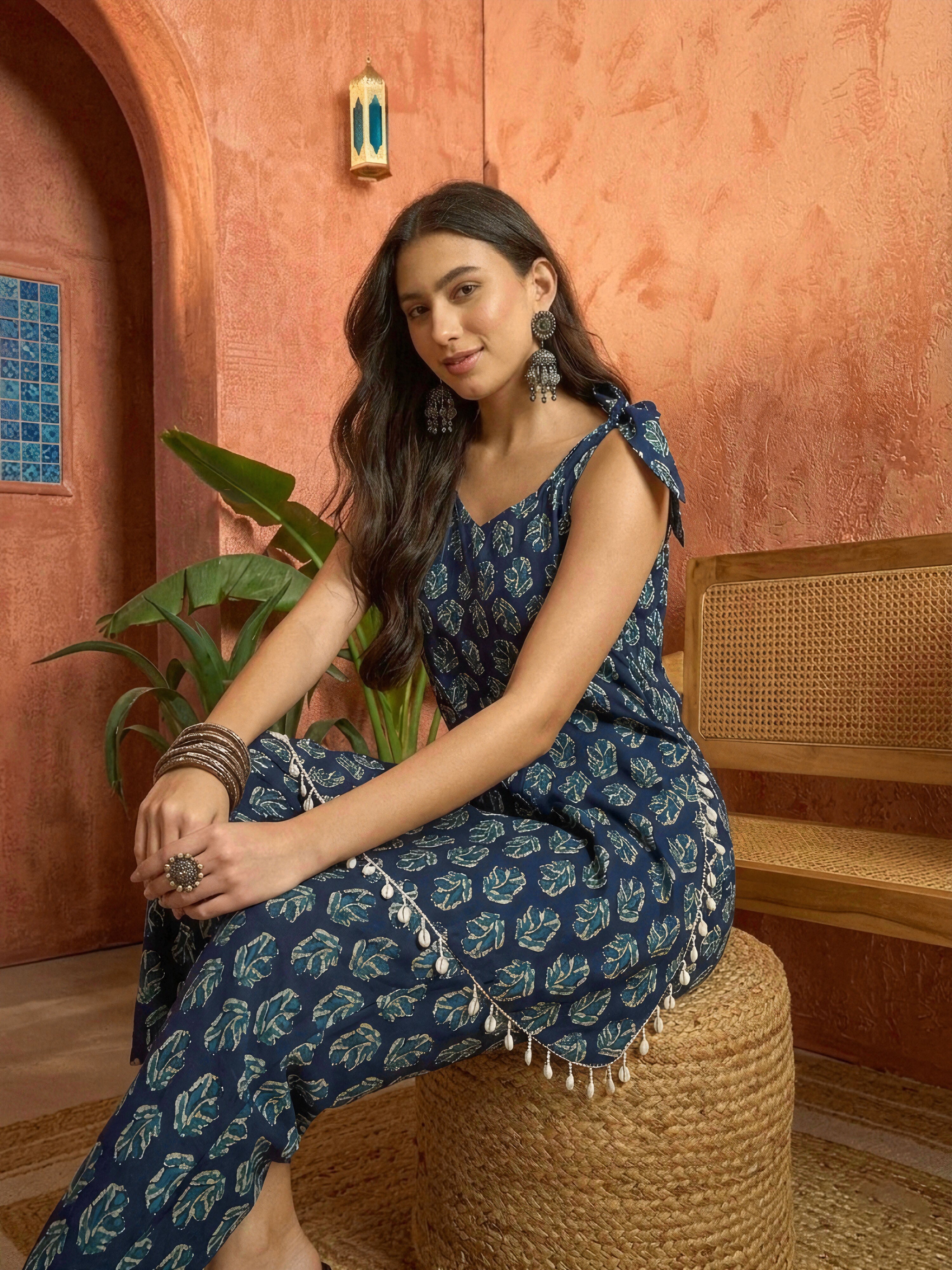 Women's Indigo Floral Printed Cotton Co-Ord Set (CSINDIGOFOLL) | DesiQ