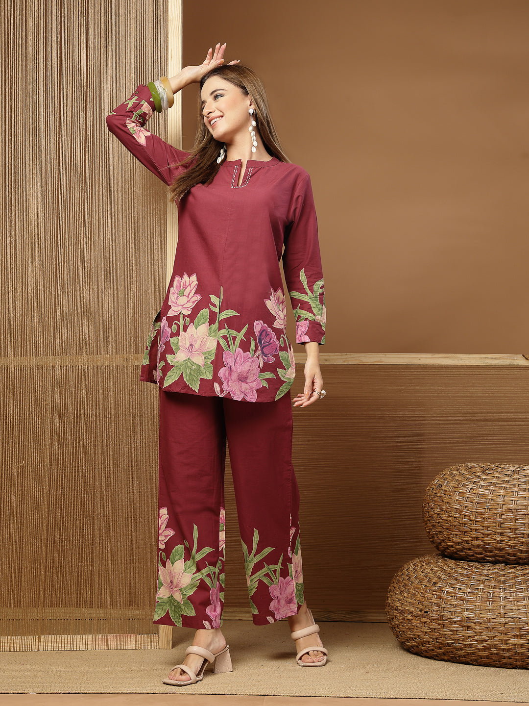 Women's Magenta Solid Cotton Co-Ord Set (CSMAGENTARUKKA) | DesiQlo