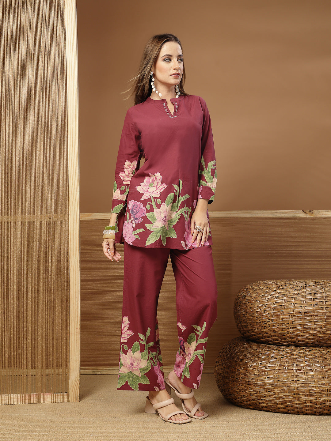 Women's Magenta Solid Cotton Co-Ord Set (CSMAGENTARUKKA) | DesiQlo