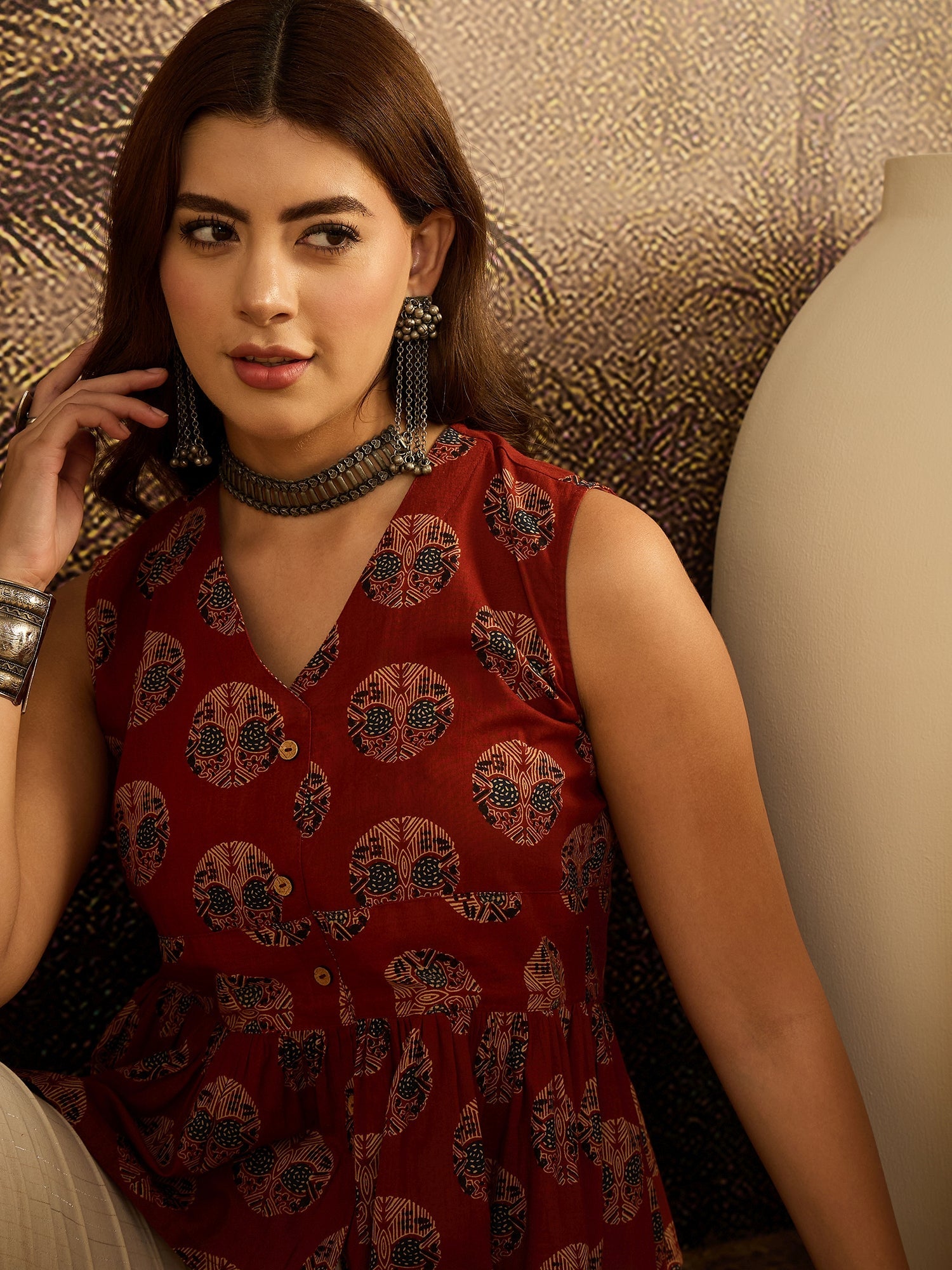 Women's Maroon Ethnic Printed Cotton Co-Ord Set (CSMAROONCRUISE) | Des