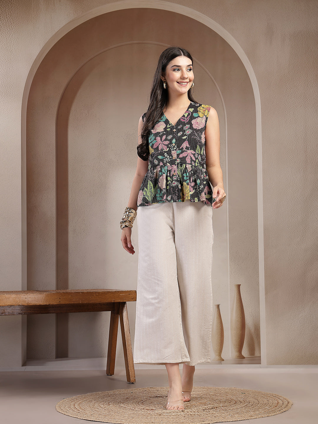 Women's Black Floral Printed Katha Cotton Co-Ord Set (CSMULTIPYTHON) |