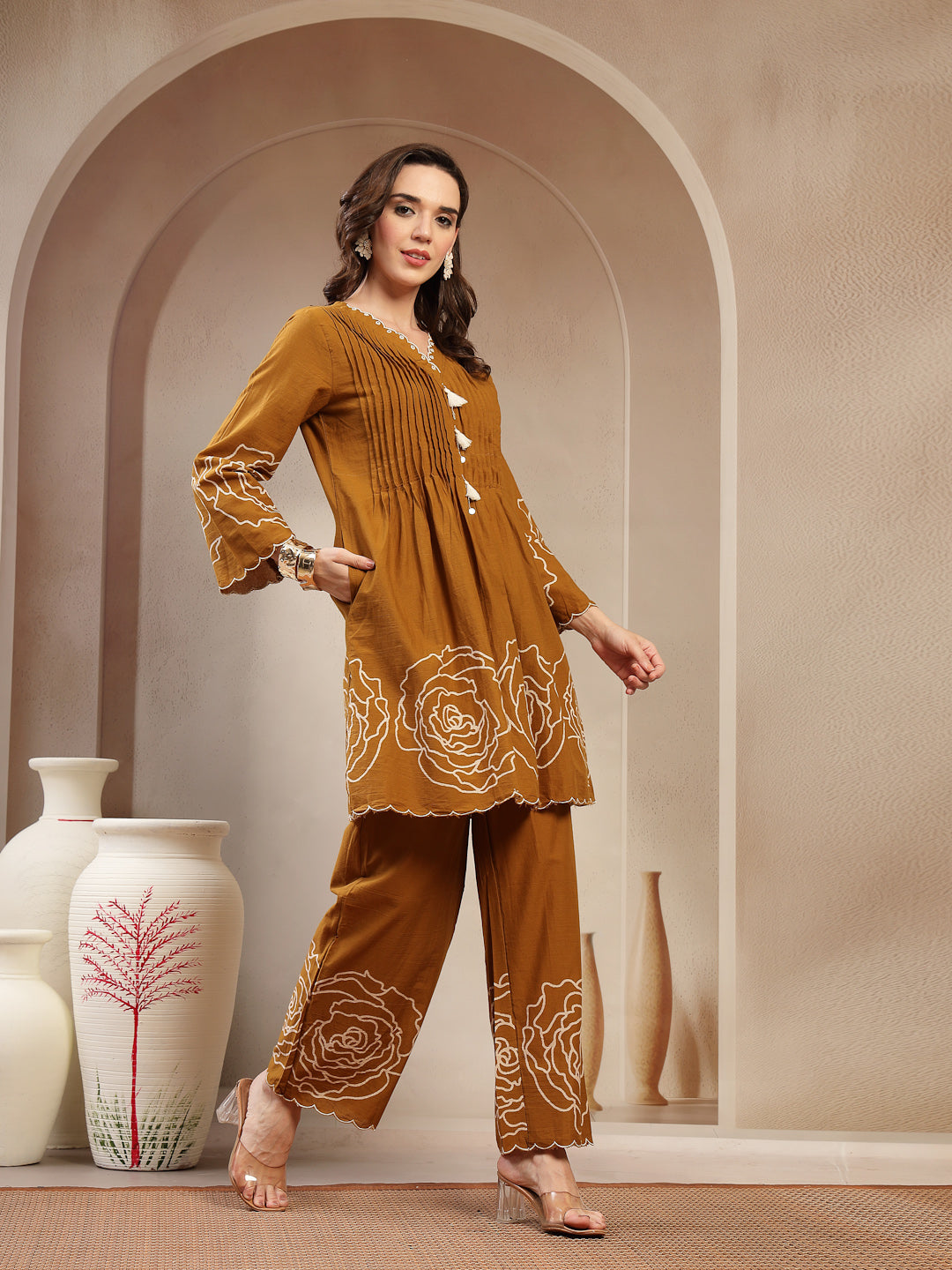 Women's Mustard Floral Printed & Embroidered Cotton Co-Ord Set (CSMUST
