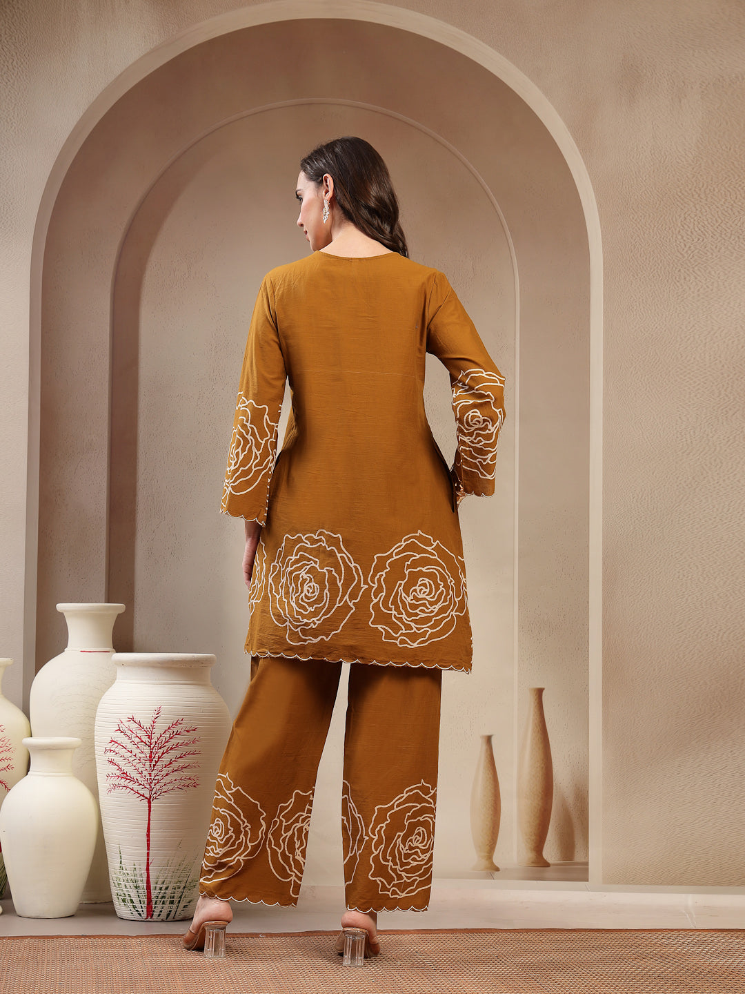 Women's Mustard Floral Printed & Embroidered Cotton Co-Ord Set (CSMUST