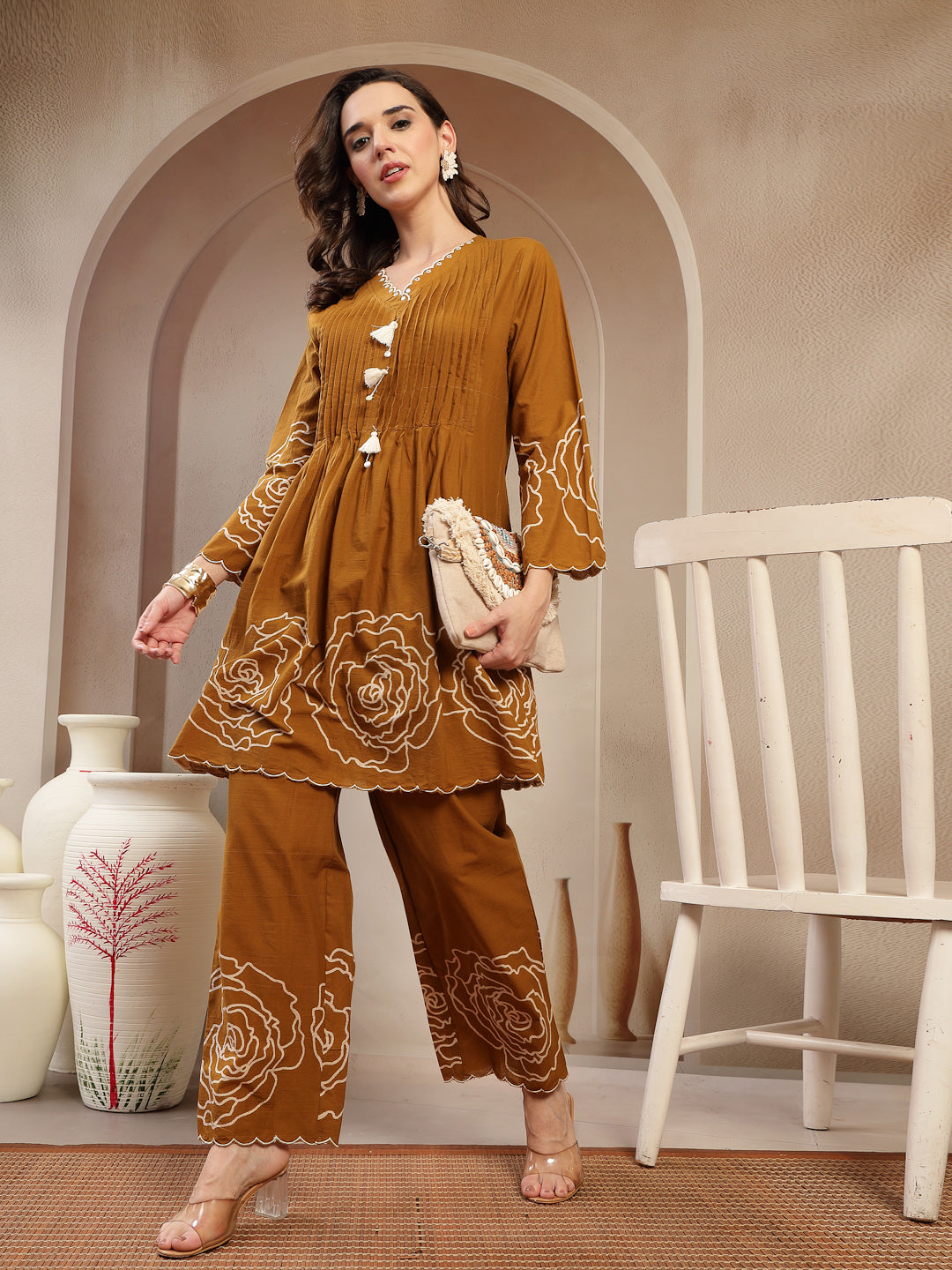 Women's Mustard Floral Printed & Embroidered Cotton Co-Ord Set (CSMUST