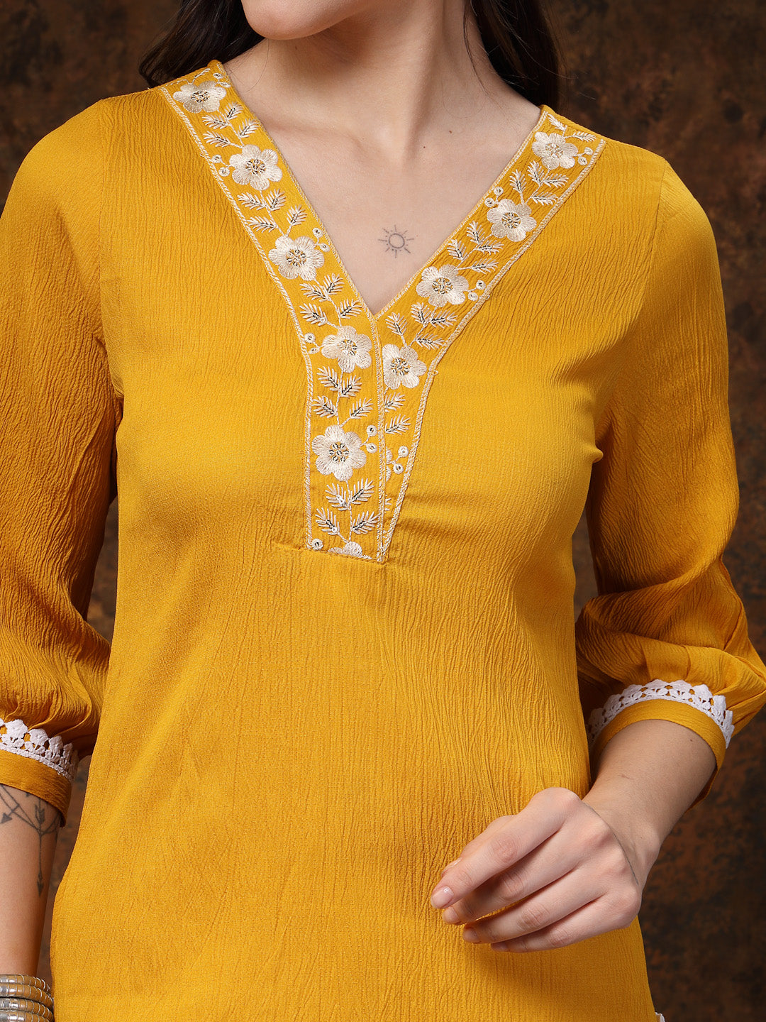 Women's Mustard Solid & Embroidered Italiya Crepe Co-ords Set (CSMUSTK