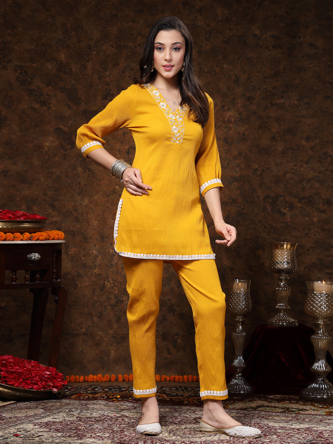 Women's Mustard Solid & Embroidered Italiya Crepe Co-ords Set (CSMUSTK