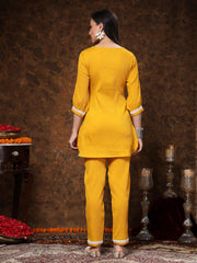 Stylum Women's Mustard Solid & Embroidered Italiya Crepe Co-ords Set (CSMUSTKALSI)
