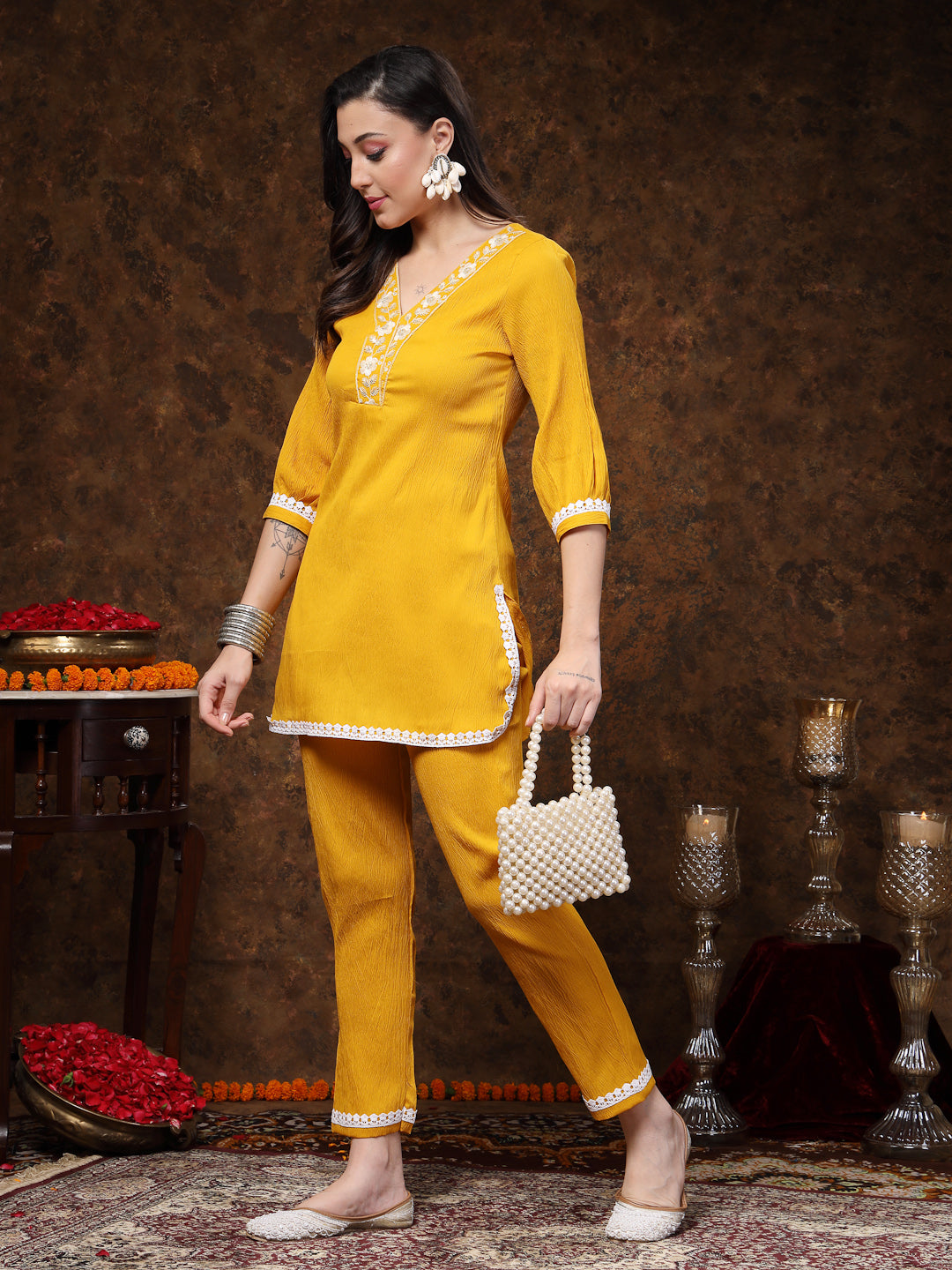 Women's Mustard Solid & Embroidered Italiya Crepe Co-ords Set (CSMUSTK