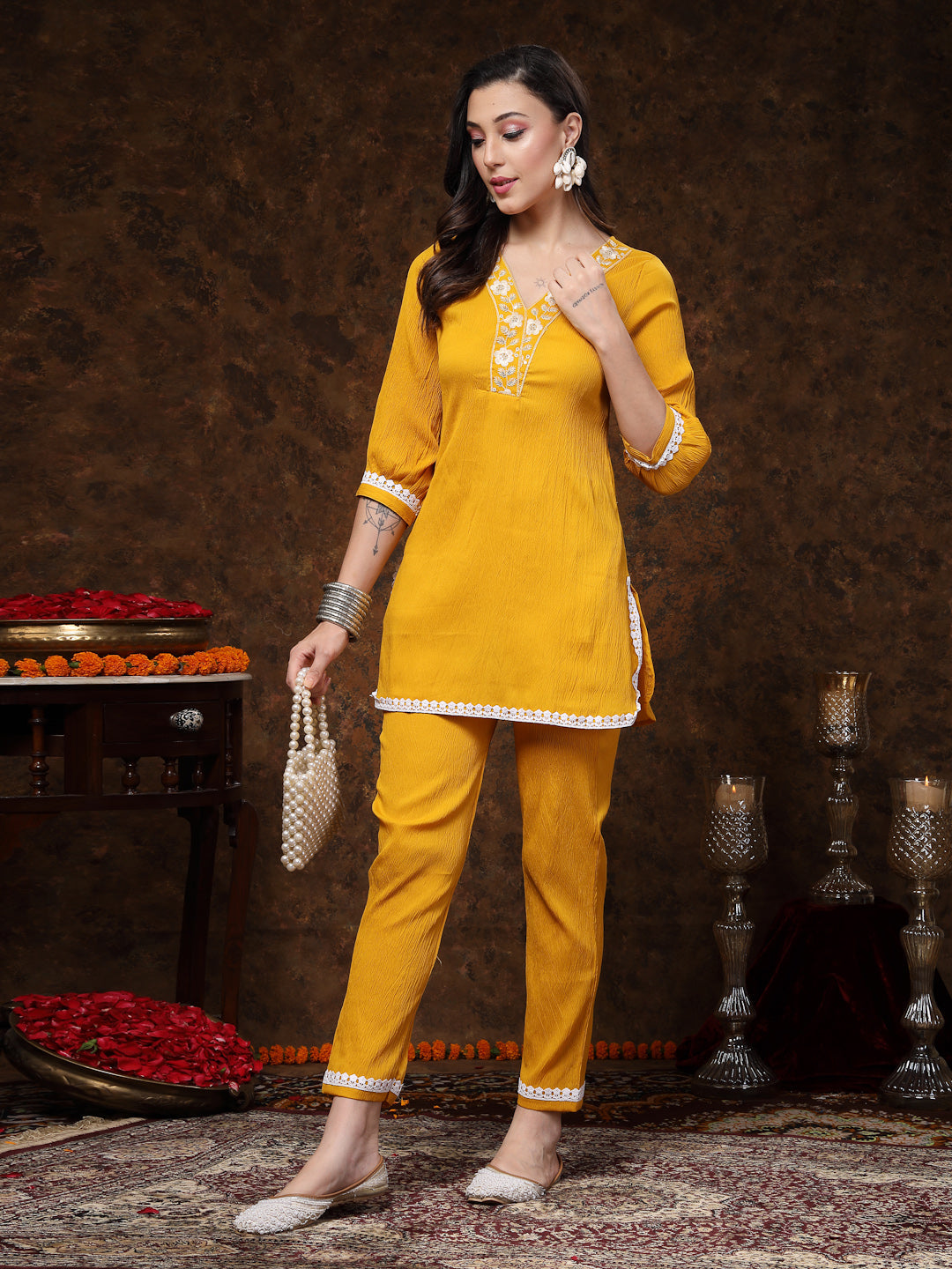 Women's Mustard Solid & Embroidered Italiya Crepe Co-ords Set (CSMUSTK