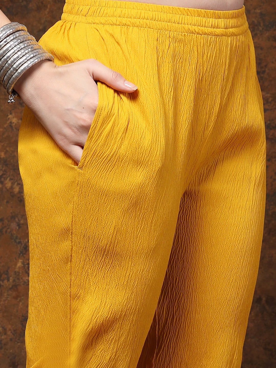 Women's Mustard Solid & Embroidered Italiya Crepe Co-ords Set (CSMUSTK
