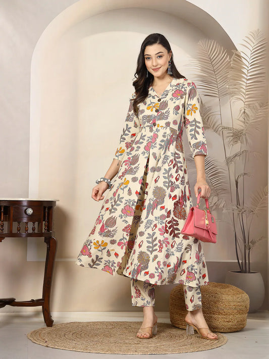Women's Floral Printed Rayon A-Line Kurta Pant Set-CSNAINABEIGE 1080
