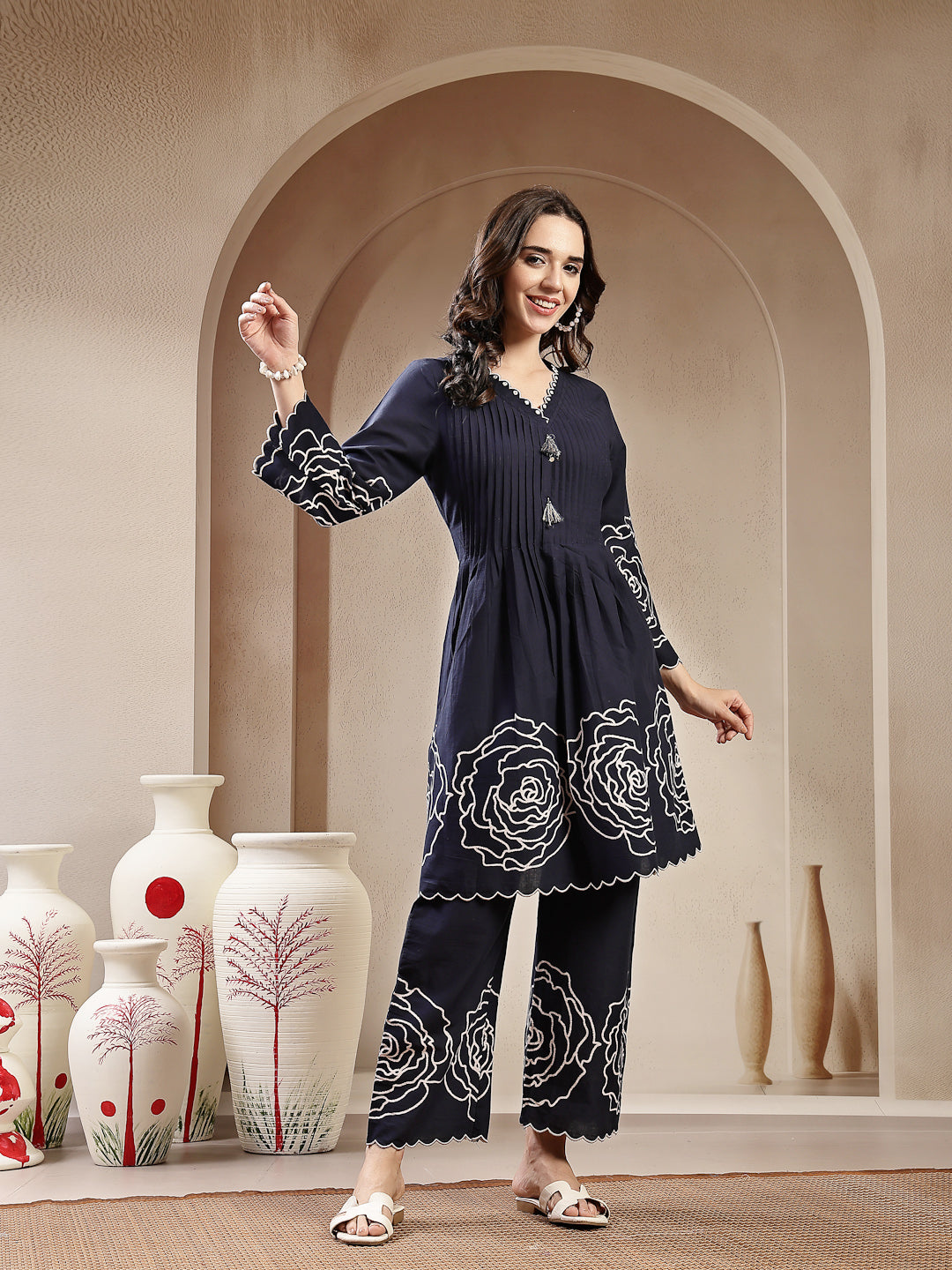 Women's Navy Blue Solid & Embroidered Cotton Co-Ord Set (CSNAVYZINPA) 