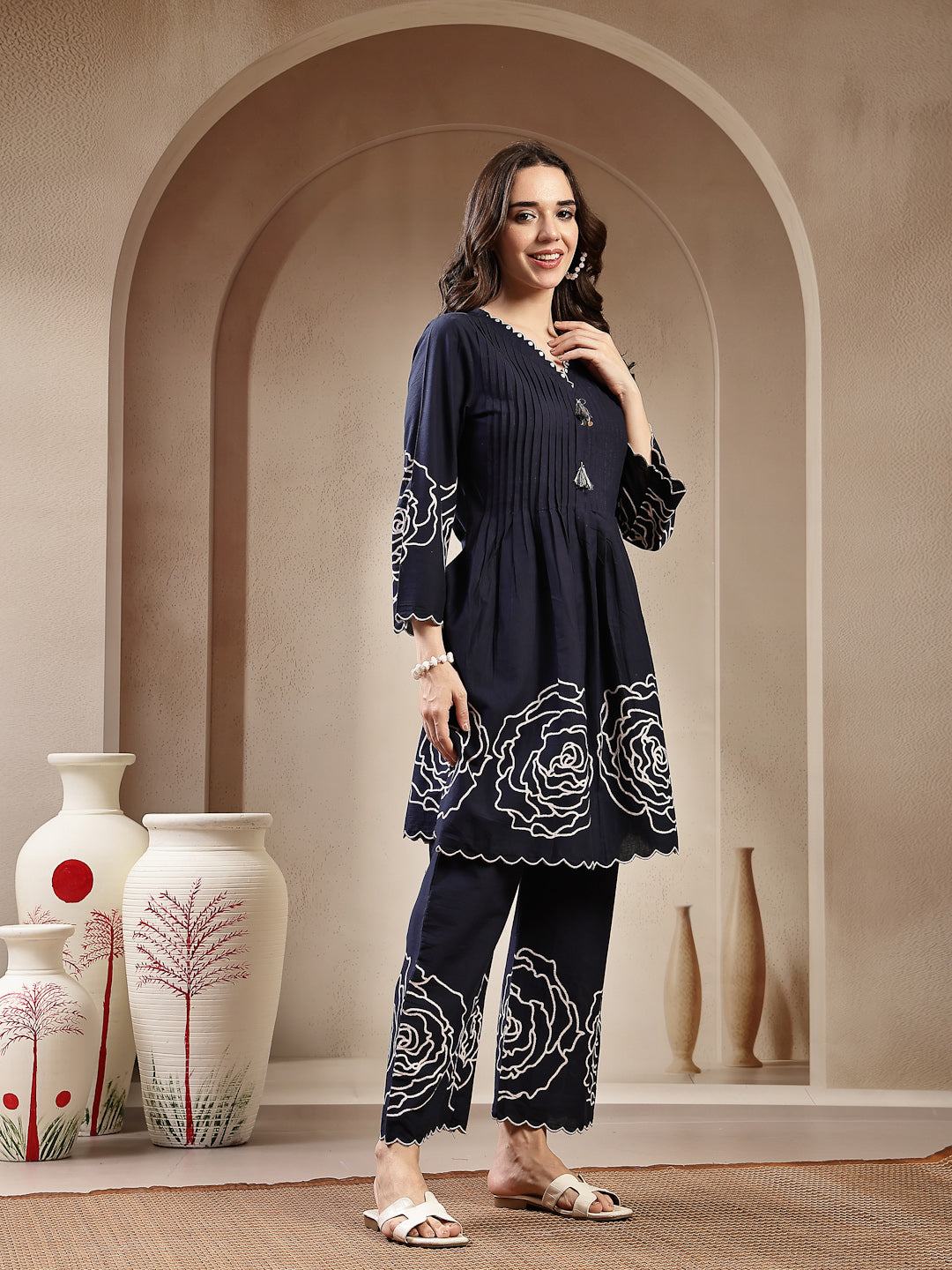 Women's Navy Blue Solid & Embroidered Cotton Co-Ord Set (CSNAVYZINPA) 