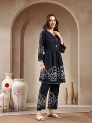 Stylum Women's Navy Blue Solid & Embroidered Cotton Co-Ord Set (CSNAVYZINPA)