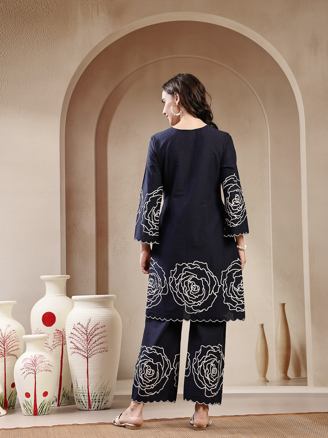 Women's Navy Blue Solid & Embroidered Cotton Co-Ord Set (CSNAVYZINPA) 
