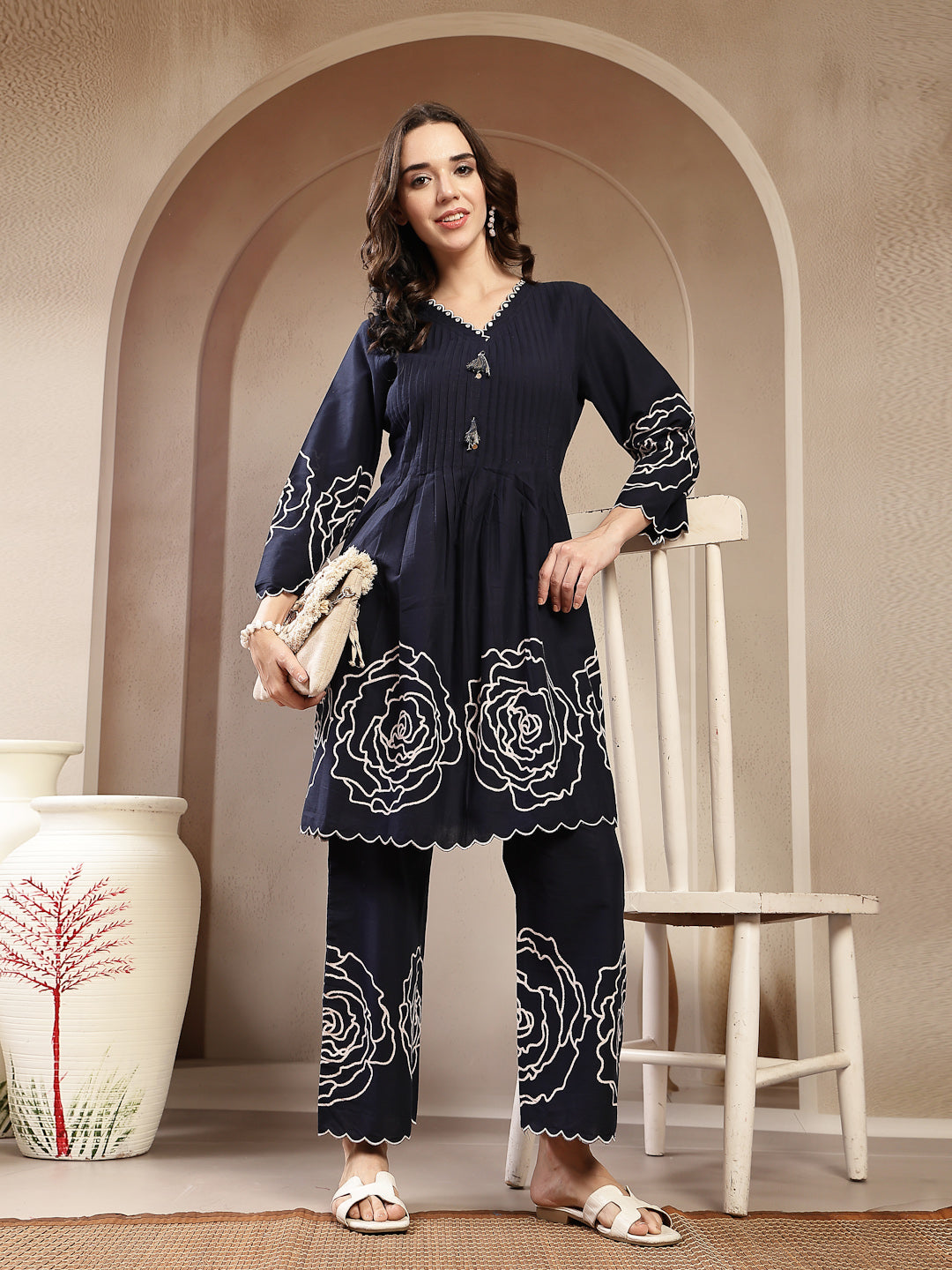 Women's Navy Blue Solid & Embroidered Cotton Co-Ord Set (CSNAVYZINPA) 