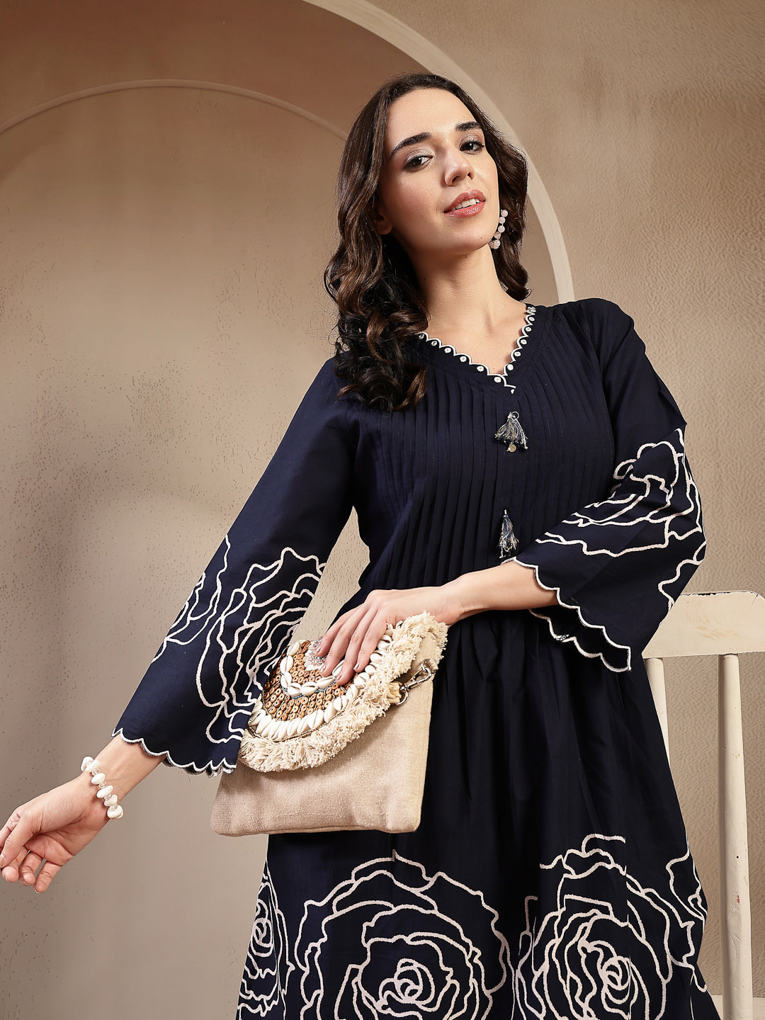 Women's Navy Blue Solid & Embroidered Cotton Co-Ord Set (CSNAVYZINPA) 