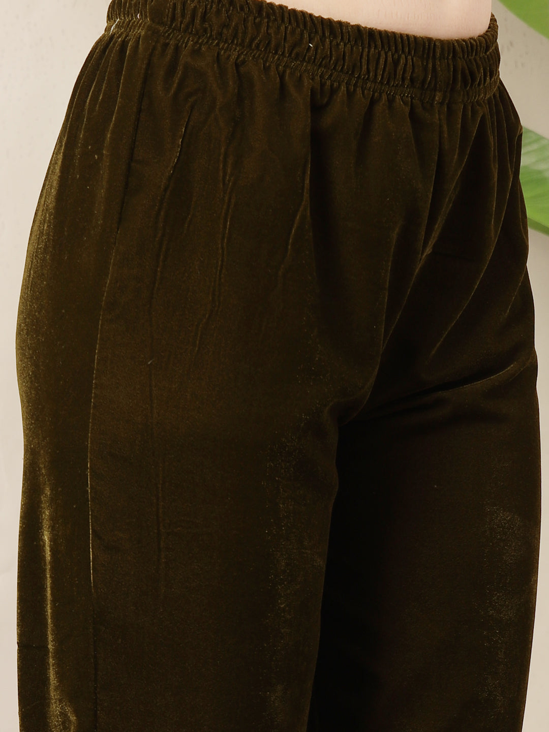 Women's Olive Solid & Embroidered Velvet Co-Ord Set (CSOLIVEDANDIYA) |