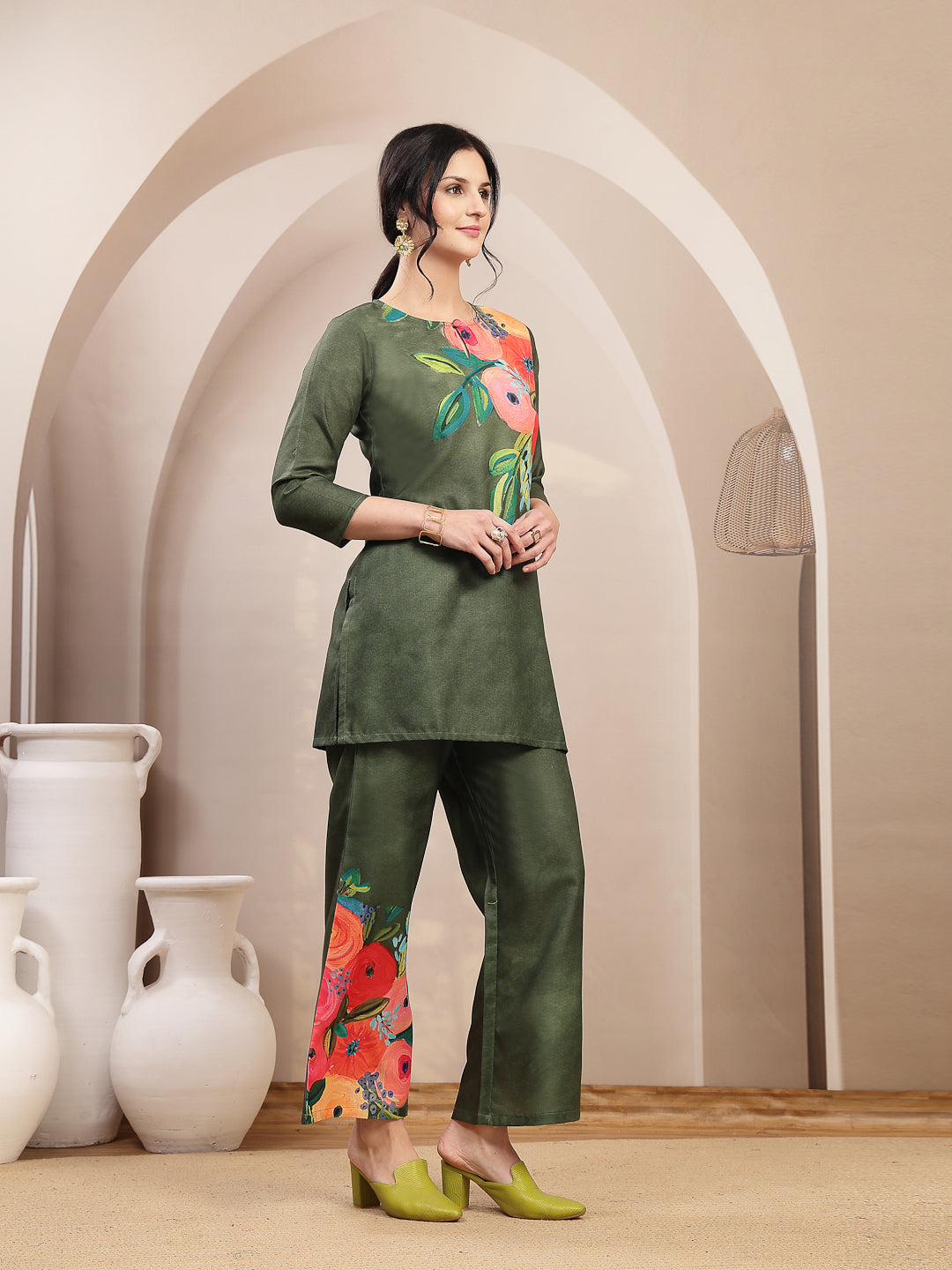 Stylum Women's Olive Hand Painted Cotton Flex Straight Co-Ord Set (CSOLIVESAMAR)