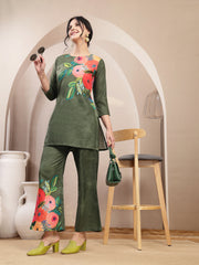 Stylum Women's Olive Hand Painted Cotton Flex Straight Co-Ord Set (CSOLIVESAMAR)