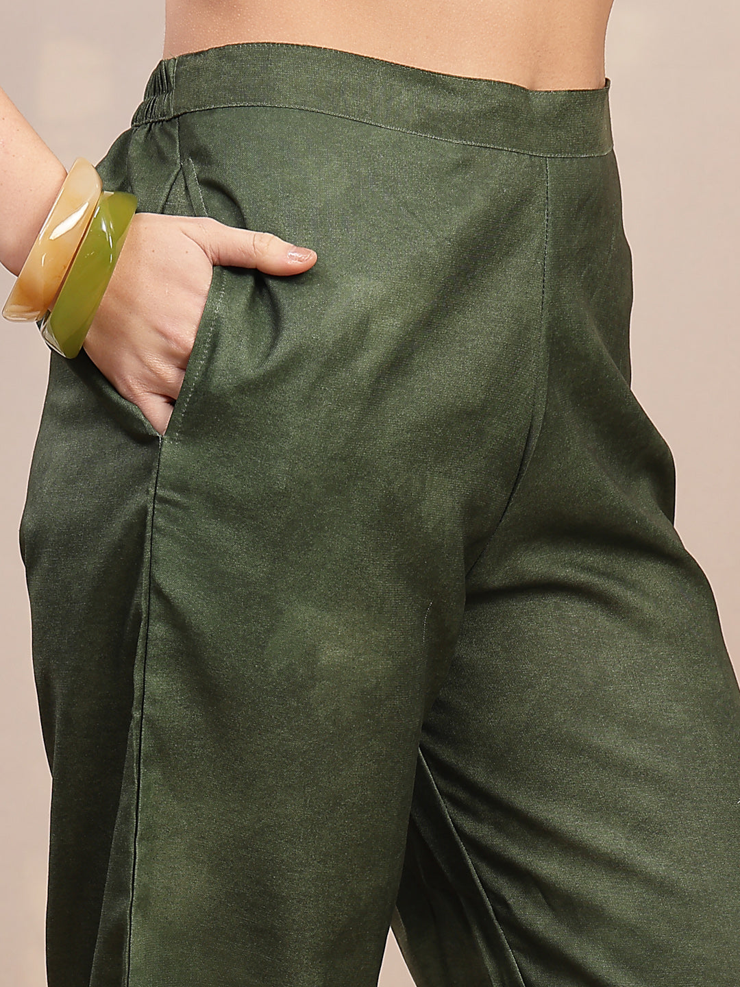 Stylum Women's Olive Hand Painted Cotton Flex Straight Co-Ord Set (CSOLIVESAMAR)