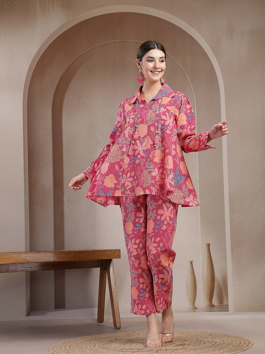 Women's Pink Floral Printed Cotton Co-Ord Set (CSPINKBEACH) | DesiQlo