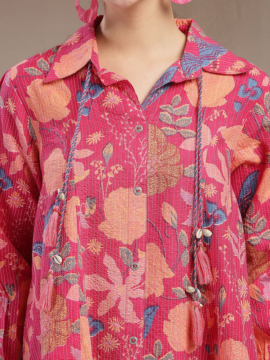 Women's Pink Floral Printed Cotton Co-Ord Set (CSPINKBEACH) | DesiQlo
