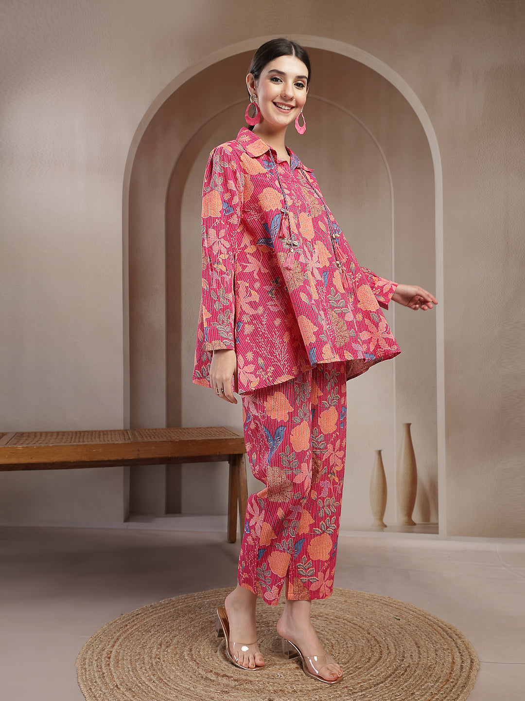 Women's Pink Floral Printed Cotton Co-Ord Set (CSPINKBEACH) | DesiQlo
