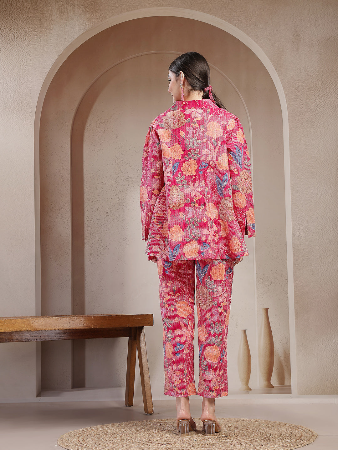 Women's Pink Floral Printed Cotton Co-Ord Set (CSPINKBEACH) | DesiQlo