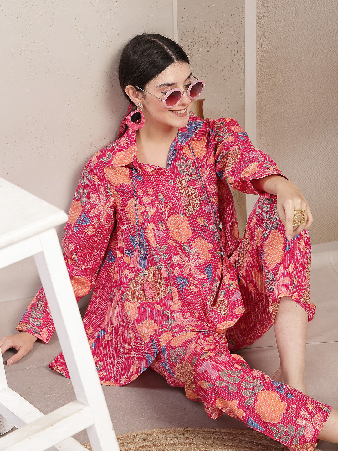 Women's Pink Floral Printed Cotton Co-Ord Set (CSPINKBEACH) | DesiQlo