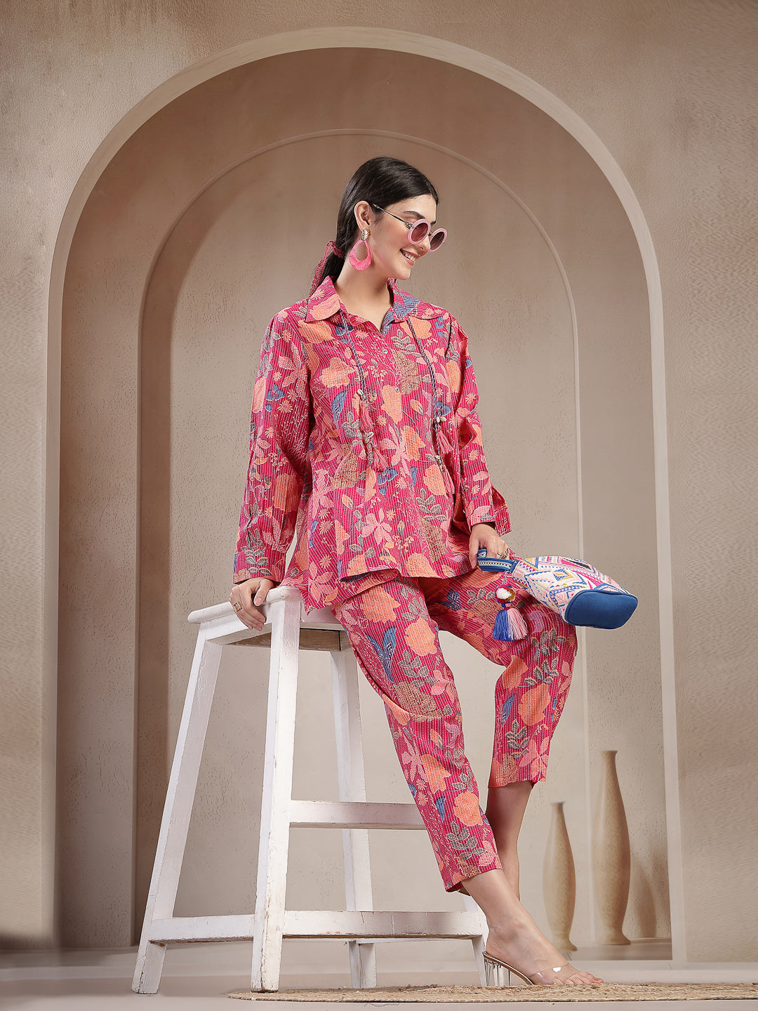 Women's Pink Floral Printed Cotton Co-Ord Set (CSPINKBEACH) | DesiQlo