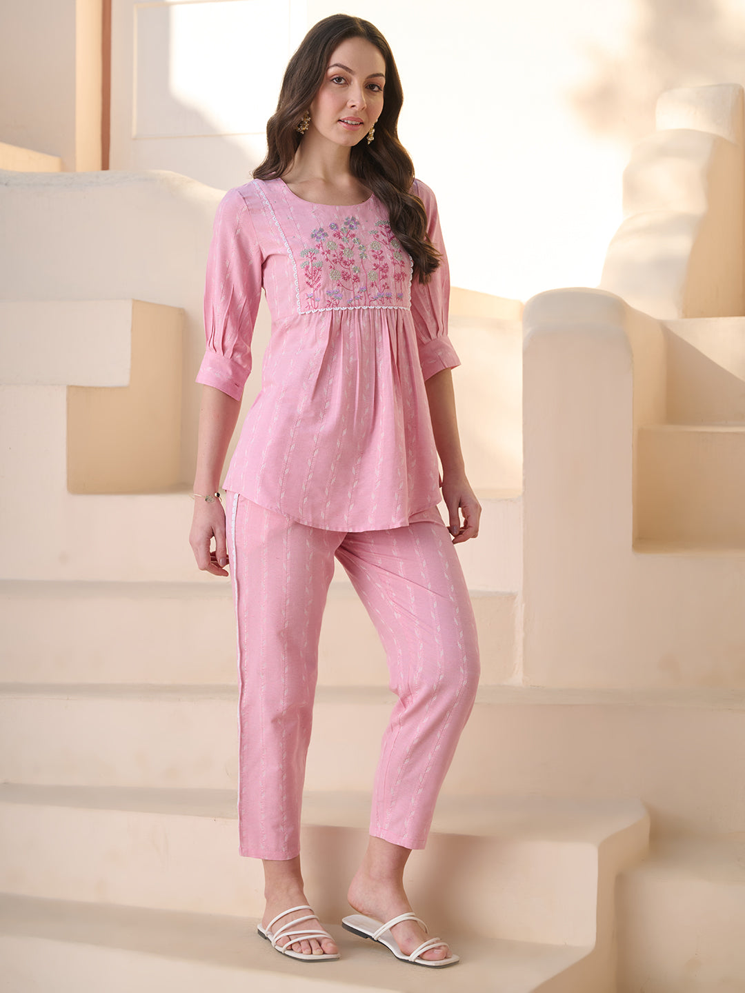 Womne's Pink Solid & Embroidered Cotton Blend Co-ord Set (CSPINKJOLLY)