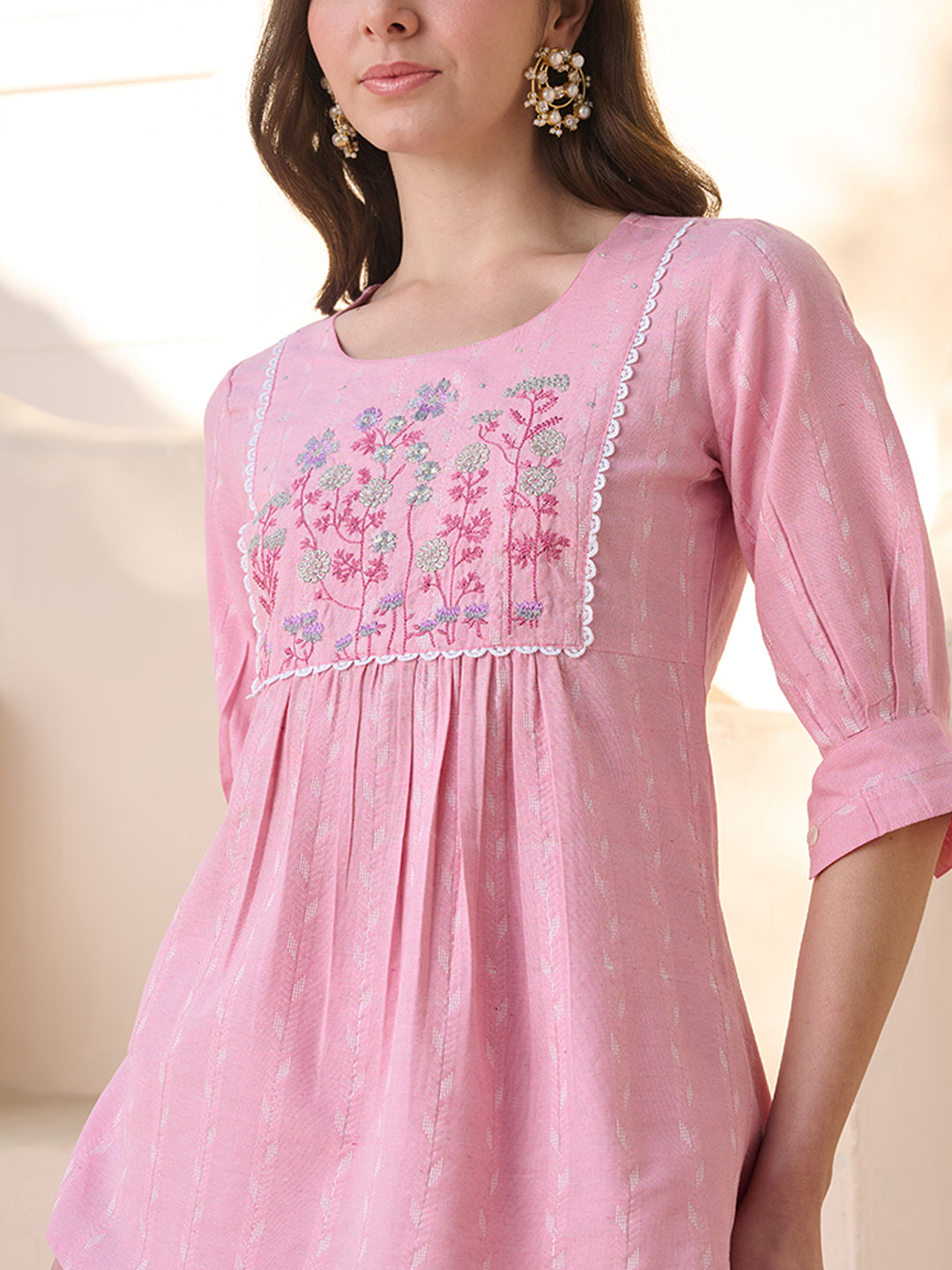 Womne's Pink Solid & Embroidered Cotton Blend Co-ord Set (CSPINKJOLLY)