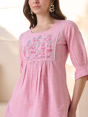 Stylum Womne's Pink Solid & Embroidered Cotton Blend Co-ord Set (CSPINKJOLLY)