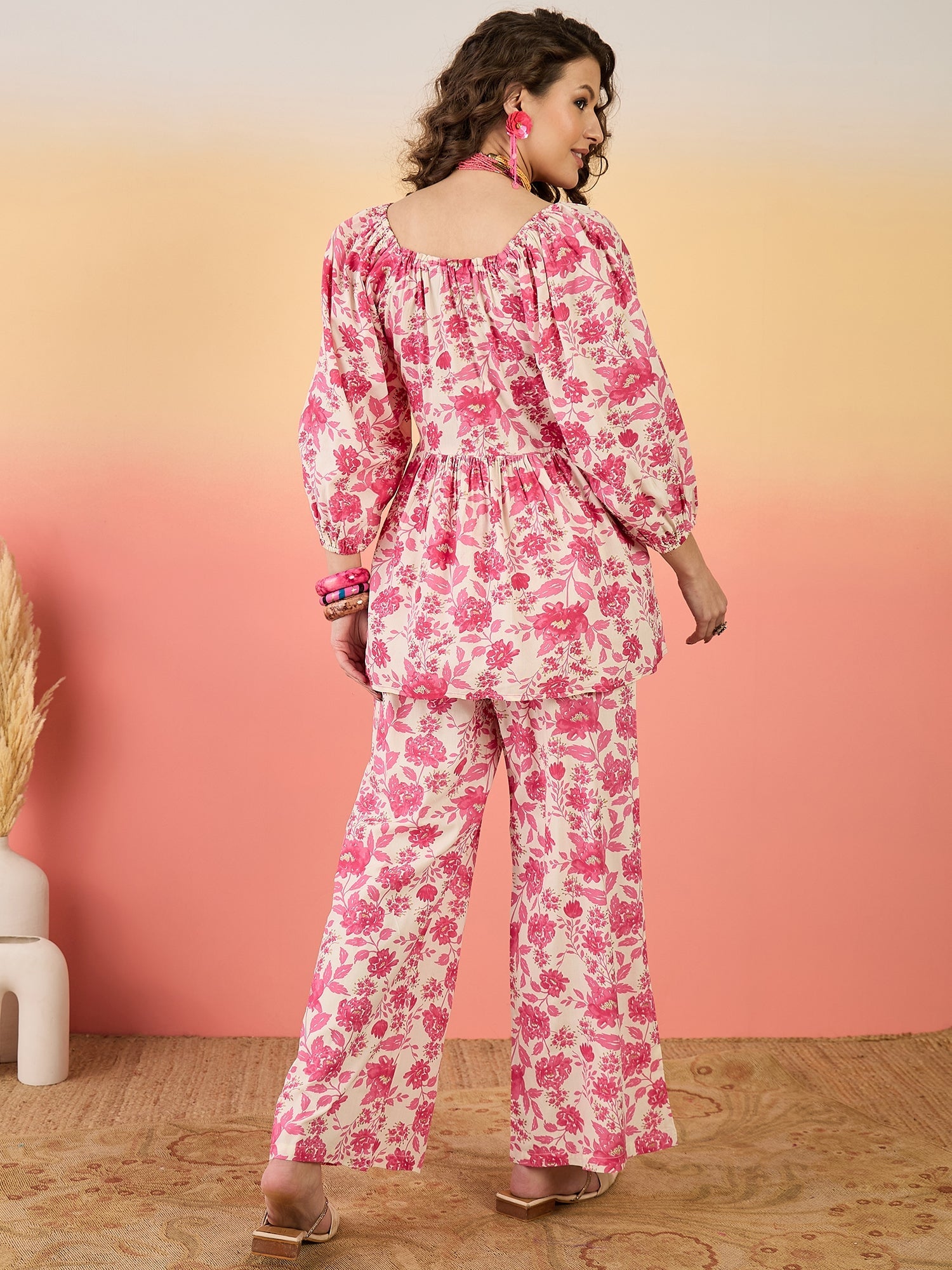 Women's Pink Floral Printed Rayon Co-Ord Set (CSPINKLAMA) | DesiQlo