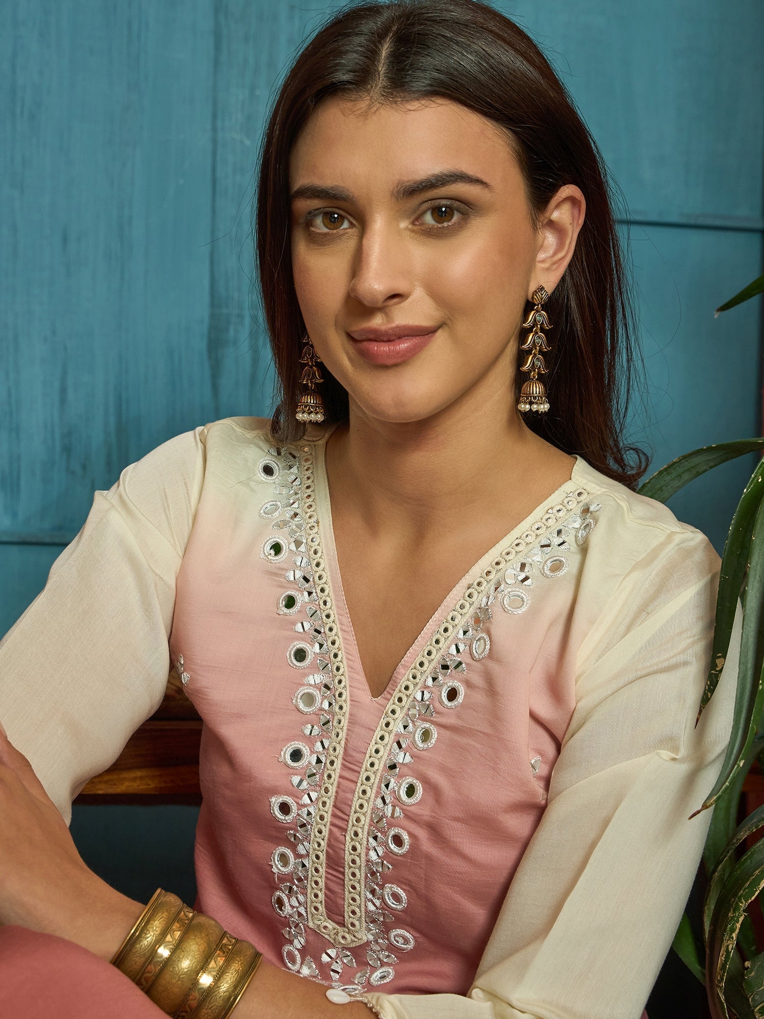 Women's Pink Solid & Mirror Work Silk Blend Co-Ords Set (CSPINKPAZER) 