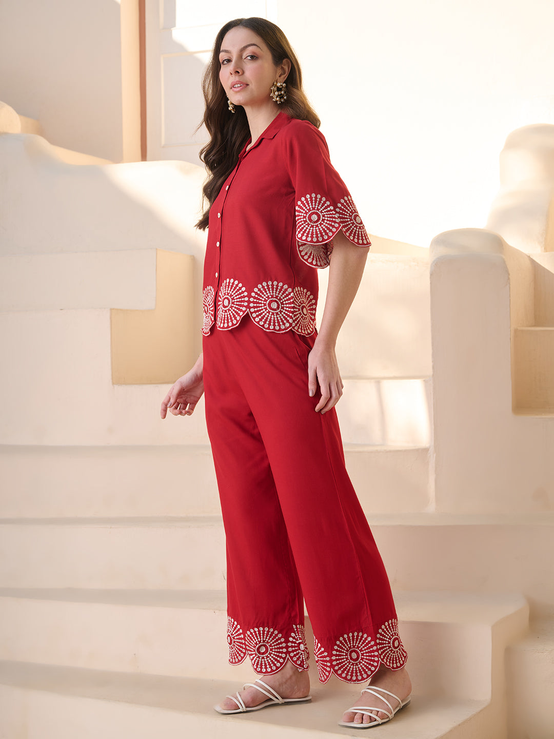 Women's Red Solid & Embroidered Cotton Blend Co-ord Set (CSREDGLOW) | 