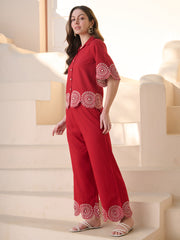 Stylum Women's Red Solid & Embroidered Cotton Blend Co-ord Set (CSREDGLOW)