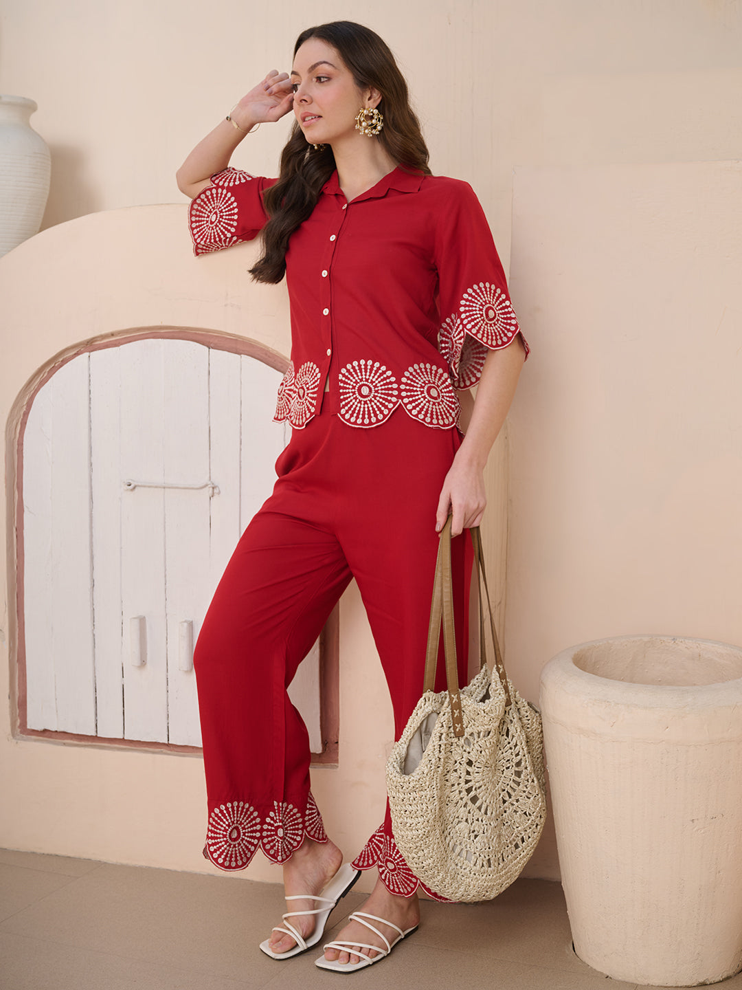 Women's Red Solid & Embroidered Cotton Blend Co-ord Set (CSREDGLOW) | 