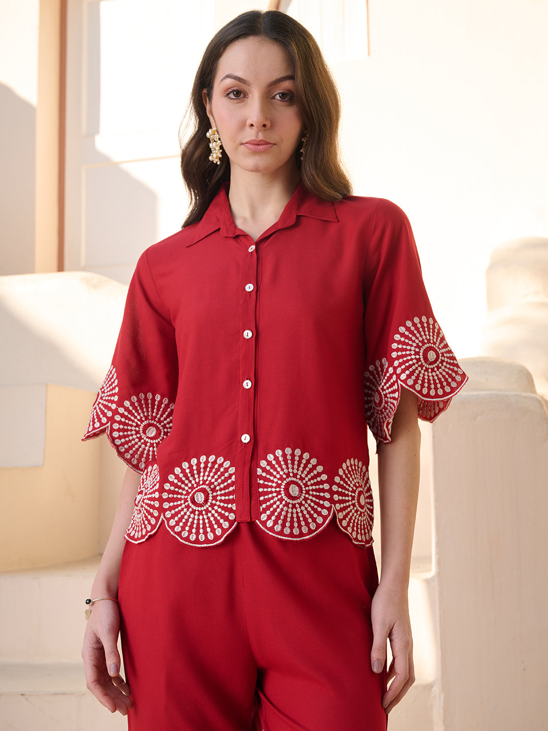 Women's Red Solid & Embroidered Cotton Blend Co-ord Set (CSREDGLOW) | 