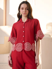 Stylum Women's Red Solid & Embroidered Cotton Blend Co-ord Set (CSREDGLOW)