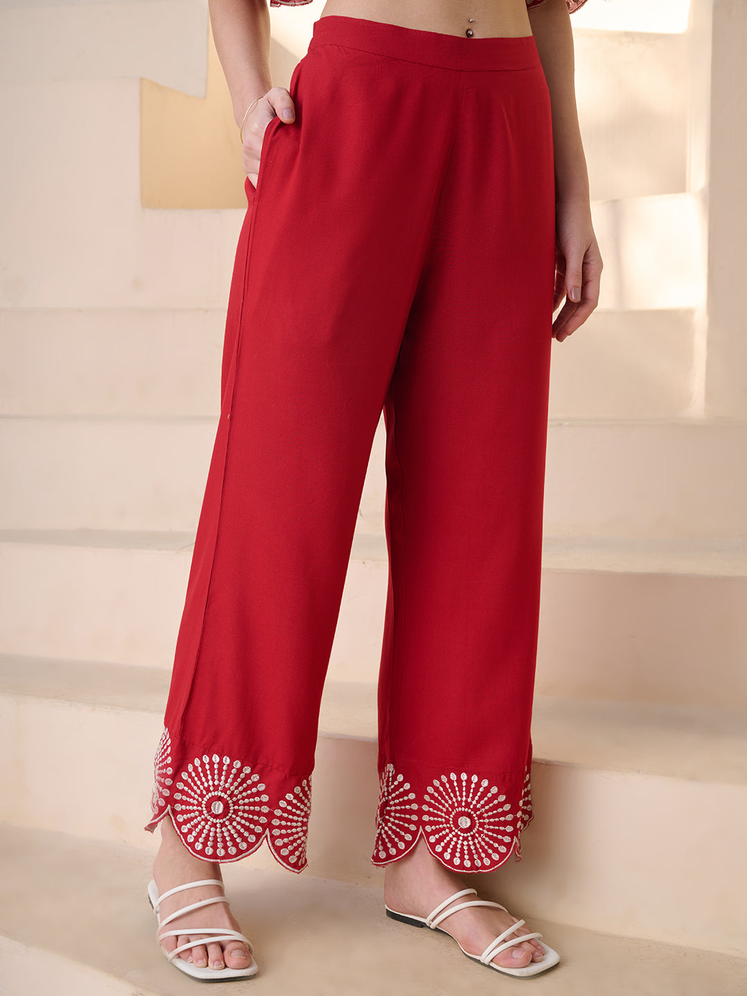 Women's Red Solid & Embroidered Cotton Blend Co-ord Set (CSREDGLOW) | 