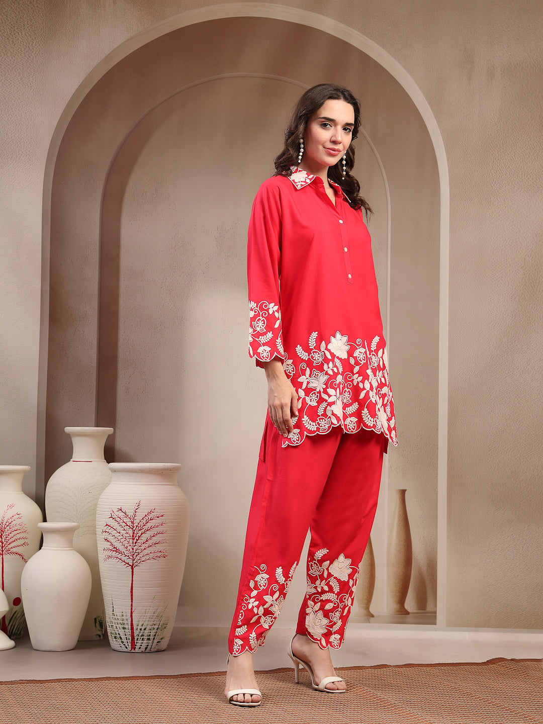 Women's Red Solid & Embroidered Rayon Co-Ord Set (CSREDYUSRA) | DesiQl