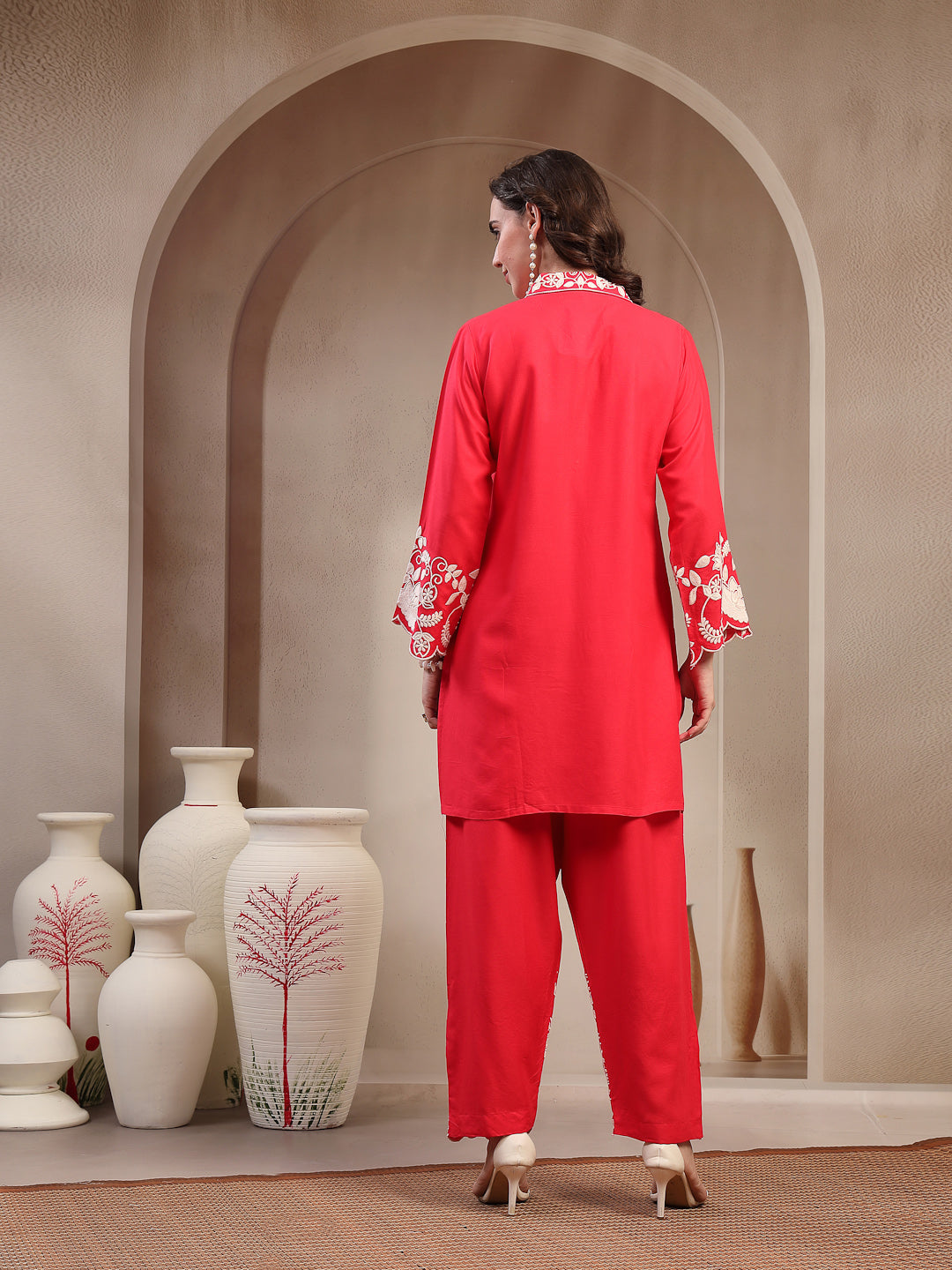 Women's Red Solid & Embroidered Rayon Co-Ord Set (CSREDYUSRA) | DesiQl