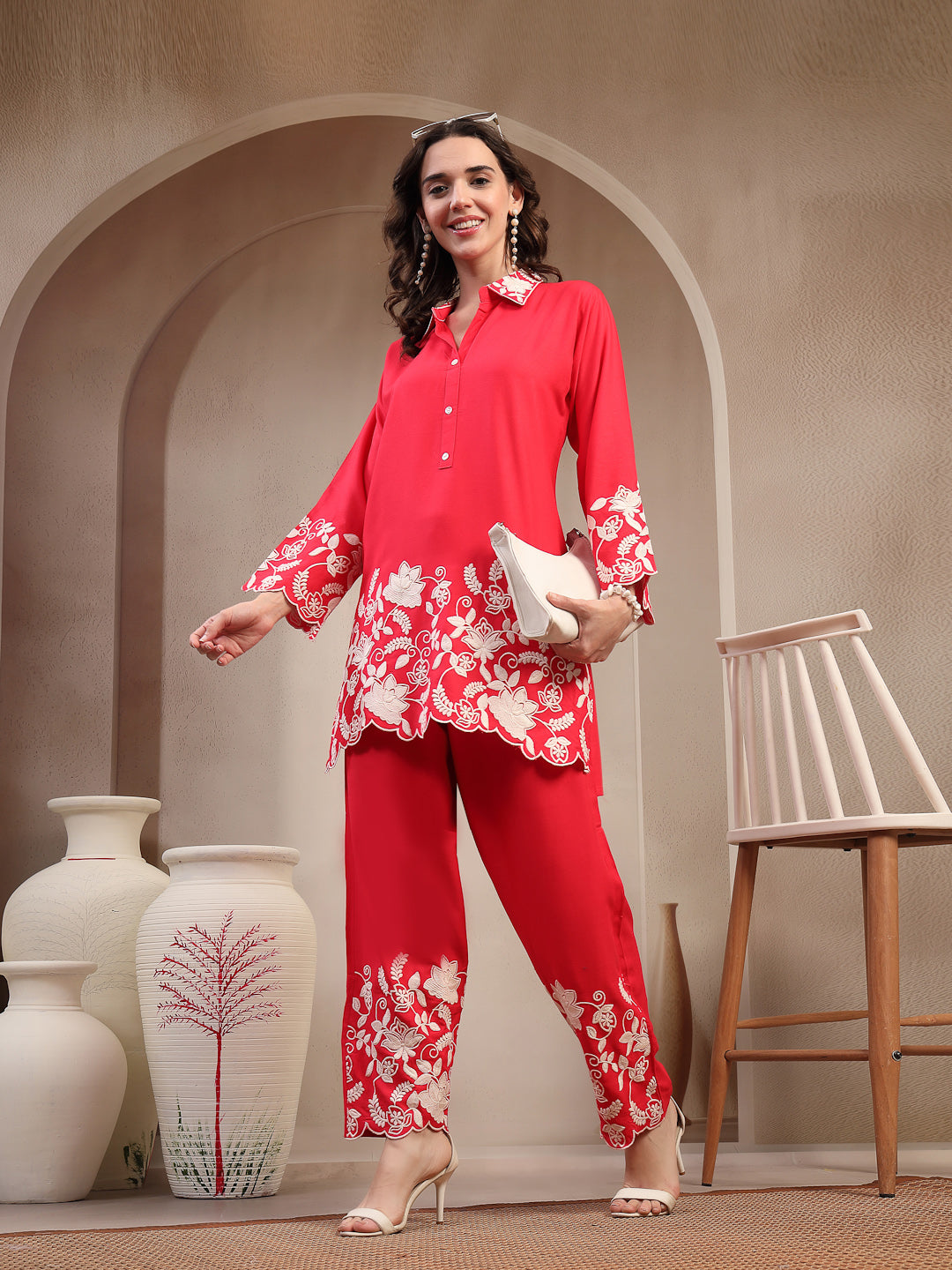 Women's Red Solid & Embroidered Rayon Co-Ord Set (CSREDYUSRA) | DesiQl