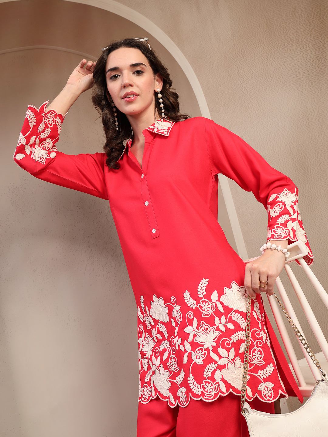 Women's Red Solid & Embroidered Rayon Co-Ord Set (CSREDYUSRA) | DesiQl