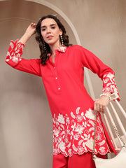 Stylum Women's Red Solid & Embroidered Rayon Co-Ord Set (CSREDYUSRA)