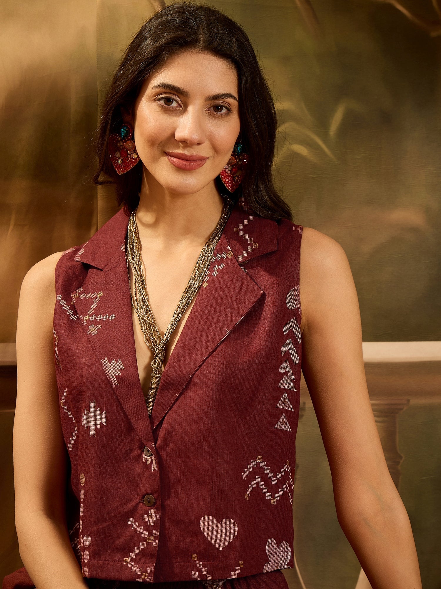 Women's Rust Geomatric Printed Cotton Blend Co-Ord Set (CSRUSTPLAY) | 