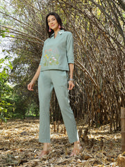 Women's Turquoise Solid & Embroidered Cotton Co-ord Set (CSTURQLUZON)