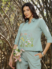 Women's Turquoise Solid & Embroidered Cotton Co-ord Set (CSTURQLUZON)